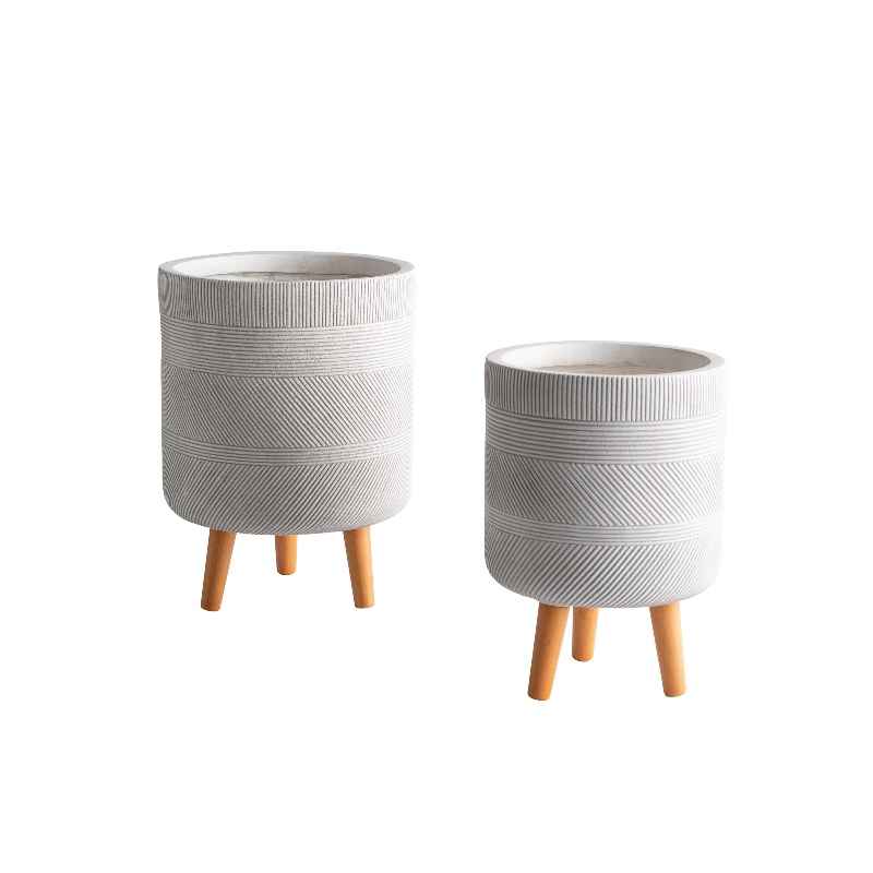 Footed Tall Stripe Fiber Clay Planters, Set of 2